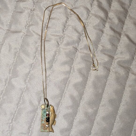 Artisan Brass Fish Pendant Necklace 925 Sterling Silver Italy Chain 5504 - Picture 2 of 7